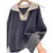 Korean Style Autumn Winter Knit Sweater Women's Loose Fit Soft Pullover Color Block Casual Tops_ecoleips.com
