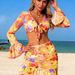 Women's Floral Print Bikini Set With Long-Sleeve Cover-Up – UPF 50+ Rash Guard & High-Waist Bottoms (S-XL, Orange/Pink/Lavender)_ecoleips.com