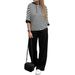 Women's Stripe Hooded Mid-Sleeve Top & Solid Straight-Leg Pants 2-Piece Set, Casual Elegant Outfit Breathable And Lightweight_ecoleips.com