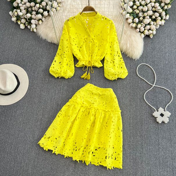 Premium Selection Of Vintage Inspired V Neck Hollowed Out Embroidered Lantern Sleeve Short Shirts For Women, Two Piece Set With High Waist And Slimming A Line Silhouette._ecoleips.com
