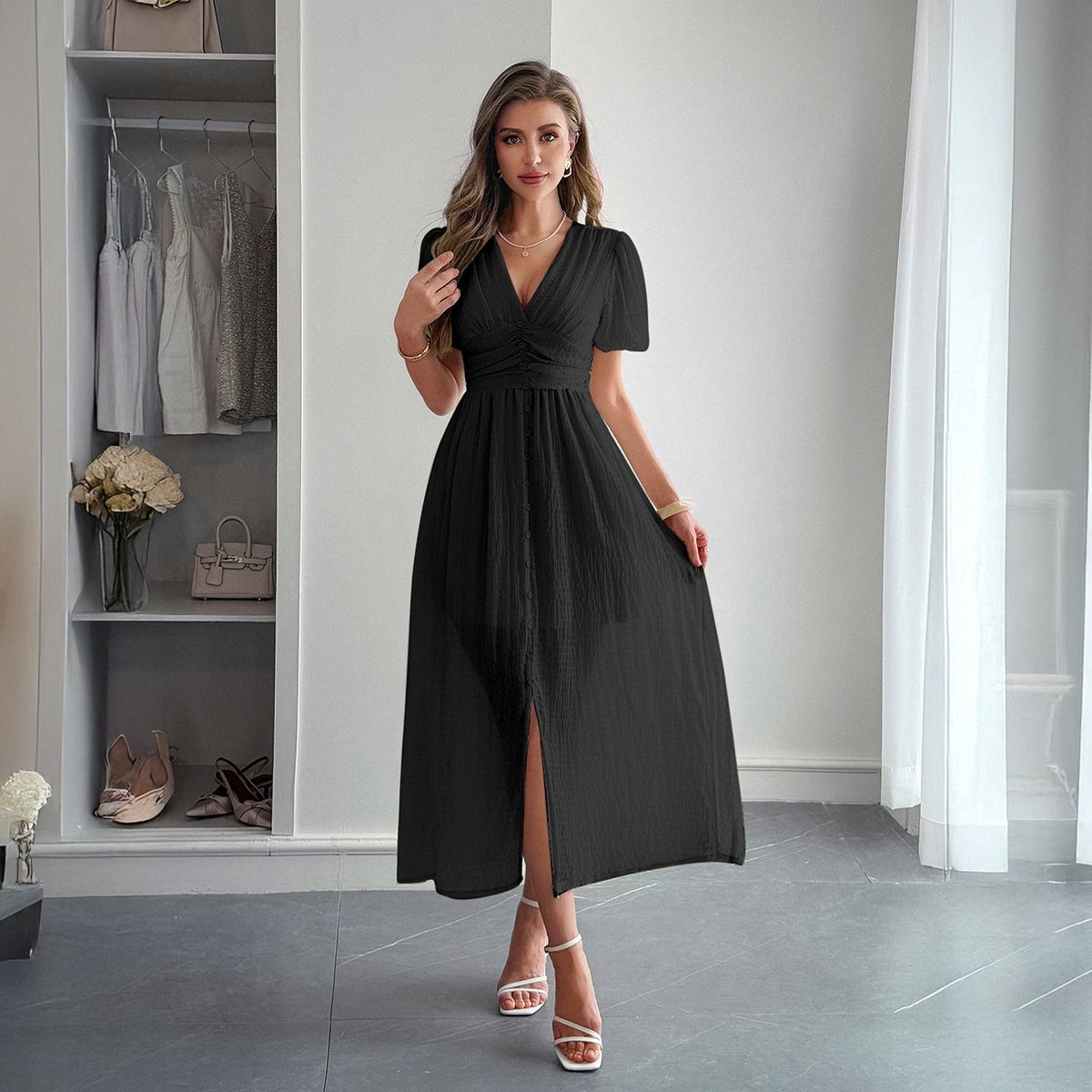 Women's European American Style Vacation Inspired Deep V Neck Short Sleeve Long Dress Spring Summer_ecoleips.com