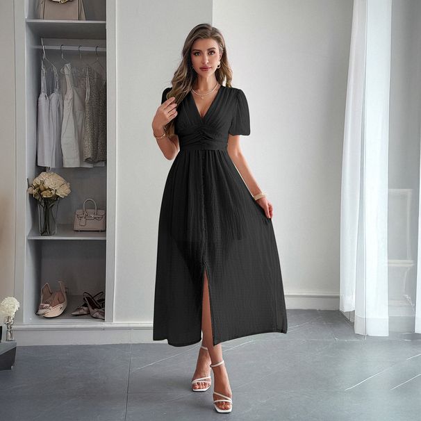Women's European American Style Vacation Inspired Deep V Neck Short Sleeve Long Dress Spring Summer_ecoleips.com
