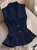 Women's Slim Fit Vest European American Style Suit Collar Double Breasted Bow Solid Color Gold Buttons Ruffled Hem Commuter Jacket_ecoleips.com