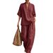 Women's Summer Casual Fashion Linen Two Piece Set V Neck Short Sleeved Wide Leg Pants European And American Style Cross Border E Commerce 2026_ecoleips.com
