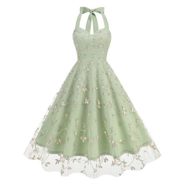 Elegant Fashionable Sleeveless Halter Dress Mesh Embroidery Gown Skirt for Europe America Cross Border E Commerce_ecoleips.com