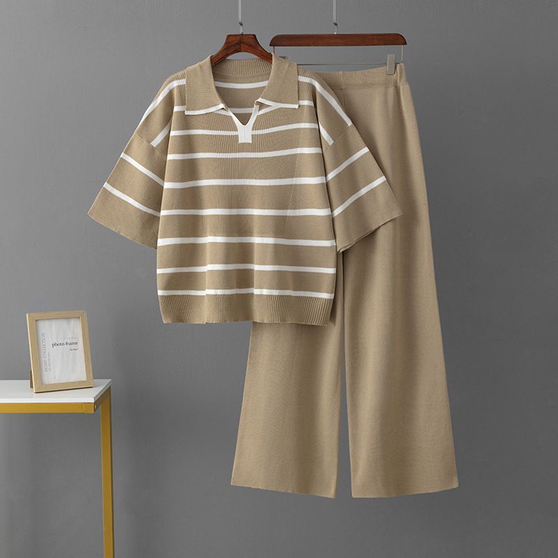 Women's Striped Polo Collar Knitted Suit Two Piece Set European American Style Casual Loose Wide Leg Pants Summer Outfit_ecoleips.com