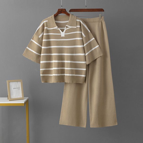 Women's Striped Polo Collar Knitted Suit Two Piece Set European American Style Casual Loose Wide Leg Pants Summer Outfit_ecoleips.com
