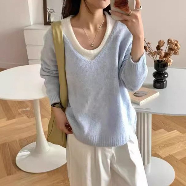 girl Sweet V-Neck Pullover Vest Two-Piece For Women 2025 Autumn Winter Korean Style Layered Knitted Sweater Set Top_ecoleips.com