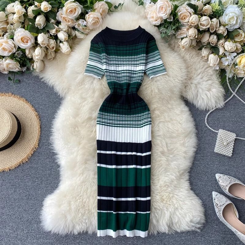 YuooMuoo Lady Stripes Knitted Bodycon Office Dress Summer Slim Elastic Sexy Package Hips Party Dress Women Outfits Vestidos_ecoleips.com