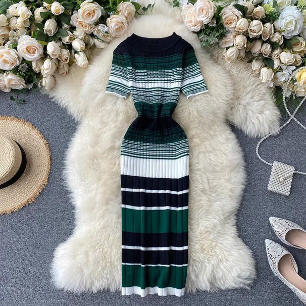 YuooMuoo Lady Stripes Knitted Bodycon Office Dress Summer Slim Elastic Sexy Package Hips Party Dress Women Outfits Vestidos_ecoleips.com