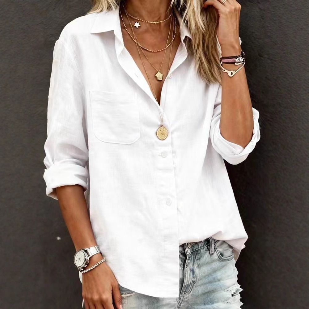 Women's European American Style Casual Long Sleeved Cardigan Regular Fit Multiple Colors Pure Cotton Top Shirt_ecoleips.com