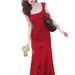 Vintage Style Red Spaghetti Strap For Women Summer V-neck Printed Slim Fit Waist Bodycon Mermaid Long Dress_ecoleips.com