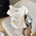 2025 Summer New Pure Desire Hot Girl Off-Shoulder Patchwork Plaid Short-Sleeve T-Shirt For Women, Two-Piece Ruched_ecoleips.com