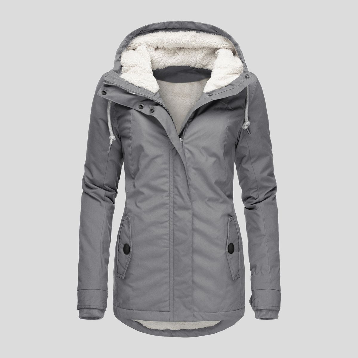 Women's Clothing Elegant Women's Fleece Jacket With Zipper Pockets, Slim Fit, Long Sleeve, Solid Color, Autumn Winter Fashion_ecoleips.com