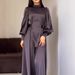 Women's Clothing Waist Solid Color Long Sleeve Slim Belt Retro Elegant Dress_ecoleips.com