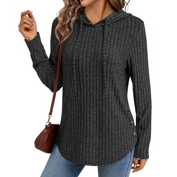 Fall/Winter Women's Fashion Brushed Long Sleeve T-Shirt With Hooded Casual Side Buttons And Drawstring Tops_ecoleips.com