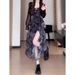 Elegant Outfit Black Floral Strap Women Summer New French Style Irregular Slit Long Dress Set_ecoleips.com