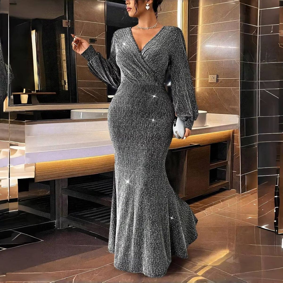 Women Plus Size LongSleeve VNeck Silver Glitter Knit Mermaid Maxi Dress Glam Sexy Summer Elegant Party NightOut Flattering Dress_ecoleips.com