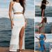 Women's Clothing Solid Color Round Neck Suspender Short Top Slit Textured Half Length Skirt Sun Protection Beach Suit_ecoleips.com