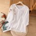 Artistic Retro Ethnic Style Cotton And Linen Embroidered Half-Sleeve Mid-Sleeve Top Summer Short-Sleeved V-Neck T-Shirt_ecoleips.com
