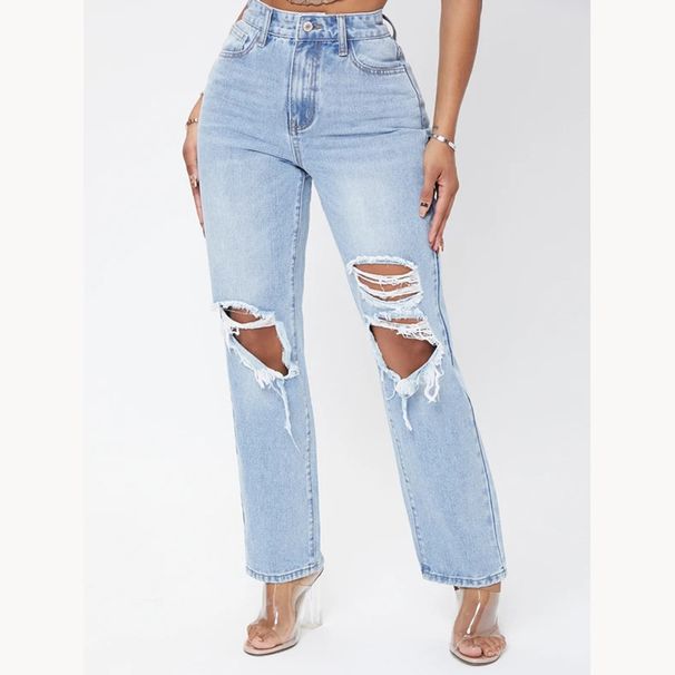 Women's Clothing Street Fashion Straight Trousers High Waist Washed Worn Jeans_ecoleips.com
