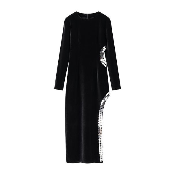 Long Sleeve Cutout Bodycon Dress – Sexy High Slit Formal Gown With Lace-Up Waist (S/M/L, Velvet & Sequin Options)_ecoleips.com