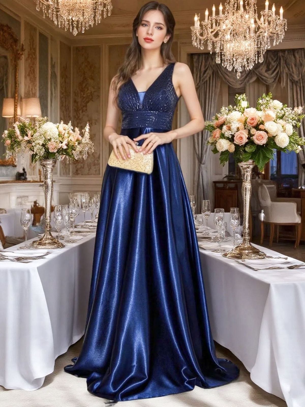 Elegant Satin Sequined Dress For Women Deep V Neck Banquet Ball Gown Evening Dress_ecoleips.com