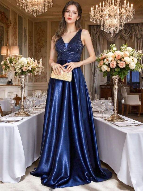 Elegant Satin Sequined Dress For Women Deep V Neck Banquet Ball Gown Evening Dress_ecoleips.com