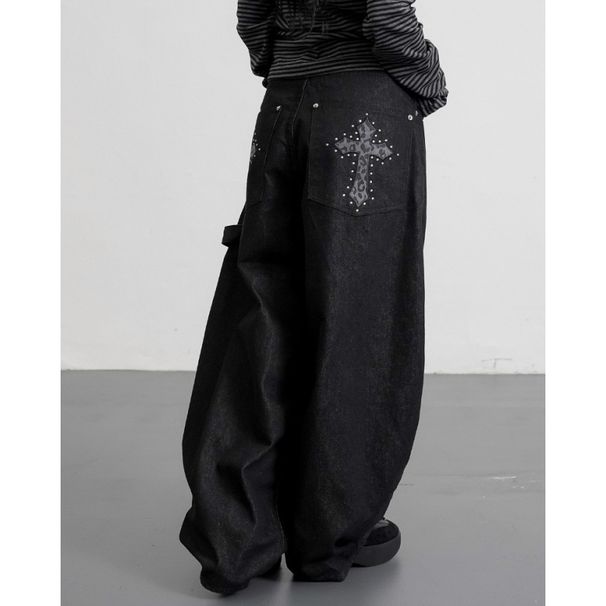 Korea Dongdaemun New Street Style Retro Handsome Versatile Leopard Print Cross Pointed Loose Wide-Leg Jeans_ecoleips.com