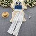 European And American Retro Distressed Set For Women Summer Denim Patchwork Short Sleeve T-Shirt + High Waist Slimming_ecoleips.com
