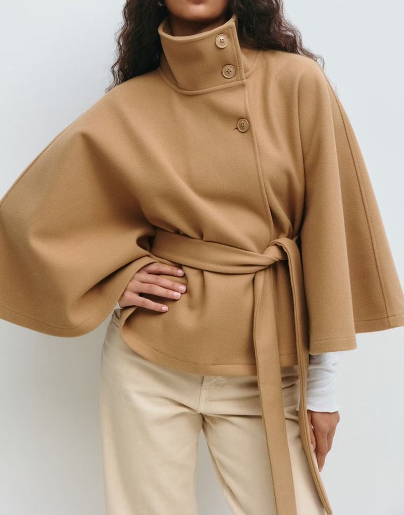 2025 Autumn Winter New European American Cross-Border Elegant Stand Collar Button Cape Belt Solid Color Trench_ecoleips.com