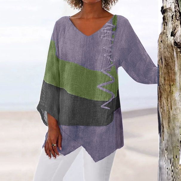 Women's Clothing Women's Casual Loose Top V Neck Irregular Hem Art Print Long Sleeve Retro Style For Formal & Casual For Women_ecoleips.com