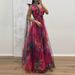 Women Sexy Slanted Neck Bow Tie Up Slim Long Dress Elegant Mesh Waist Banquet Dress Fashion Pattern Printed Asymmetry Long Dress_ecoleips.com