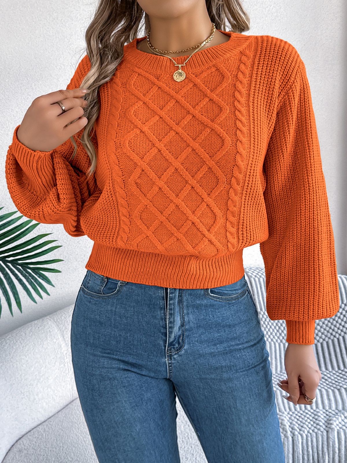 Women's Clothing Autumn/Winter Cable Knit Pullover Sweater Solid Color Long Sleeve Waist Cinching Lantern Style Regular Thickness English Fashion_ecoleips.com