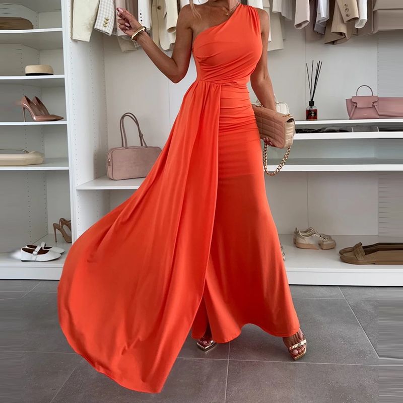 Sexy Diagonal Shoulder Package Hip Dress Women Elegant Sleeveless Draped Solid Slim Long Dress Fashion Irregular Evening Dresses_ecoleips.com