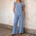 Women's Summer Casual Cotton Linen Pant Set V Neck Pullover Two Piece with Pockets European American Style_ecoleips.com