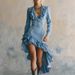 Elegant Ruffled Waist Pleat Long Dress Women's Fashion Irregular Solid Slim Party Dress Sexy V-neck Long Sleeve Wash Denim Dress_ecoleips.com