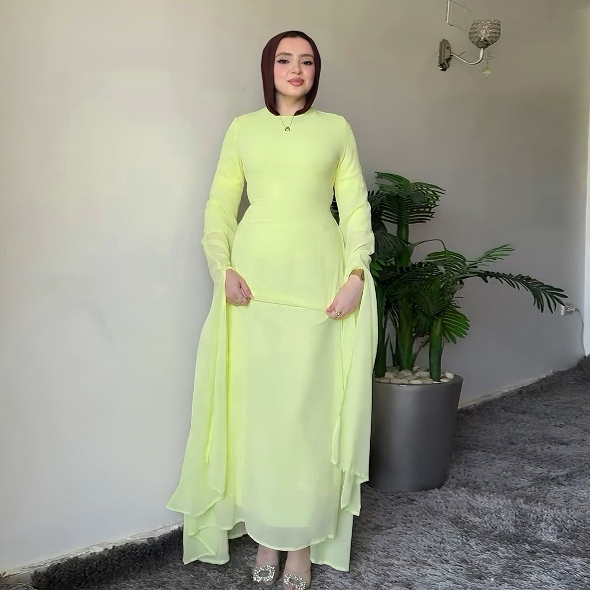 Muslim Dress Women Elegant Double-Layer Muslim Dress With Waist Cinching – Modest & Stylish Dubai-Inspired Abaya_ecoleips.com