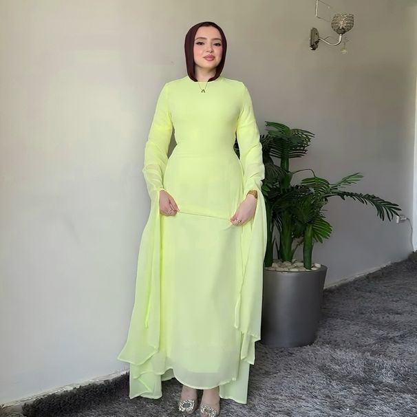 Muslim Dress Women Elegant Double-Layer Muslim Dress With Waist Cinching – Modest & Stylish Dubai-Inspired Abaya_ecoleips.com