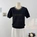 Women's Clothing Contrast Color Round Neck Beaded Hollow Short Sleeve Knitted Sweater Summer New Style All Match Sweet Age Reducing Slim Fit Tops_ecoleips.com