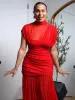 Chic Red Pleated Evening Party Long Dresses Elegant Fly Sleeve Mesh Patchwork Maxi Dress Women Summer Vacation Beach Vestidos_ecoleips.com