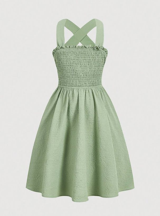 Midi Dress Spring Summer Women Light Green Cross Back Smocked Bust Flowy Casual Chic Vacation Beach Dress_ecoleips.com