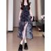 Elegant Outfit Black Floral Strap Women Summer New French Style Irregular Slit Long Dress Set_ecoleips.com
