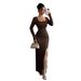 Elegant High-Waisted Split Hem Knit Dress - U-Neck Long Sleeve Slim Fit Stretchy Polyester Blend For Women (Black, Coffee, Army Green)_ecoleips.com