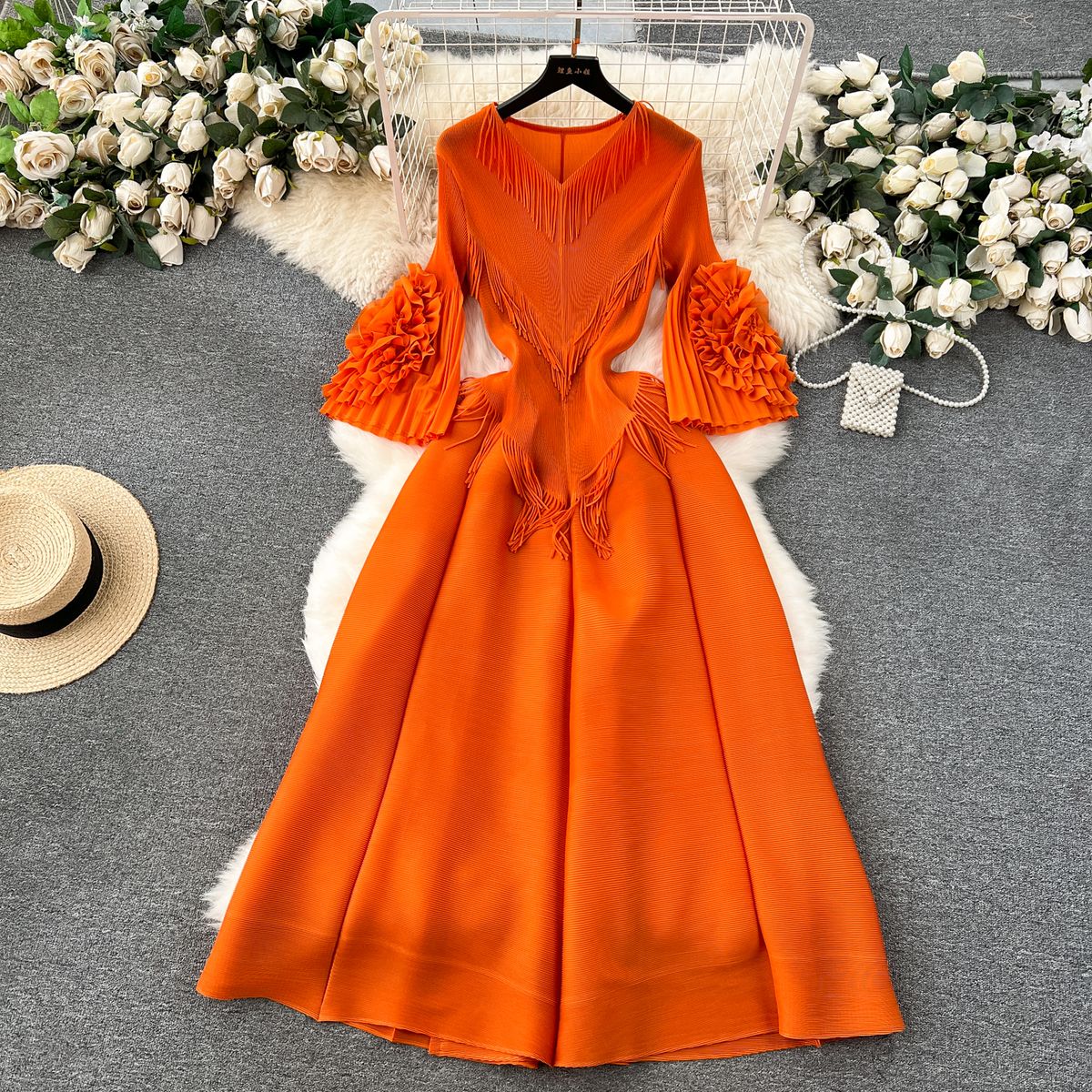 Court Women, Designer Tassel V-neck Slim Fit Long Heavy Pleated Bell Sleeve Dress For Women_ecoleips.com