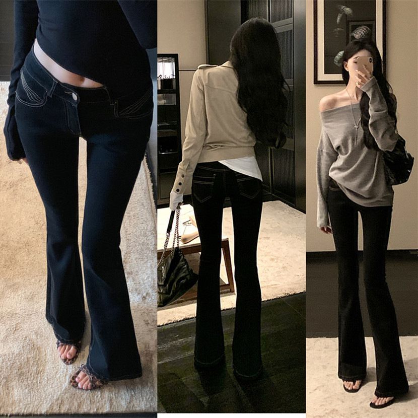 Low Waisted Slim Fit Denim Jeans Supermodel Long Legged Black Tight Fitting And Slimming Slightly Flared Pants Visible Stitching New Spring Style_ecoleips.com