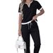 Women's Casual Short Sleeve V-Neck Top With Drawstring Straight Leg Pants Set, Summer Two-Piece Outfit, Comfortable Loungewear And Daily Wear_ecoleips.com