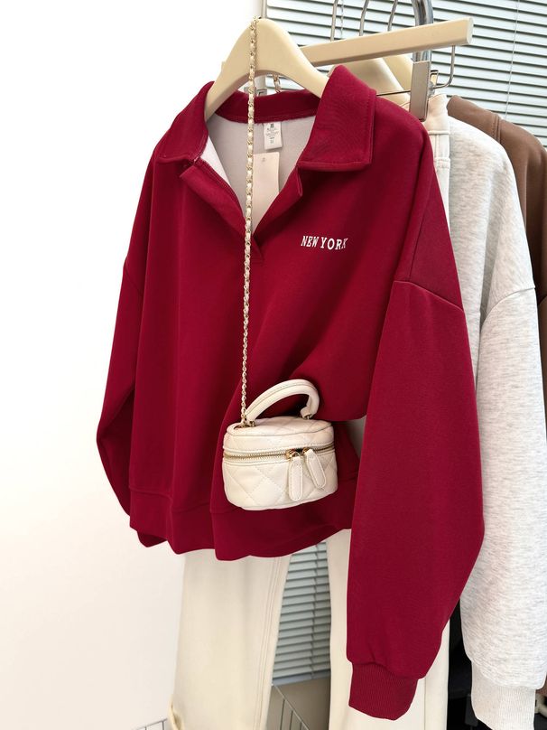 Women's Polo Collar Long Sleeve Sweashir For Spring And Auumn, New Thin Loose Korean Syle Versaile V-Neck Top_ecoleips.com