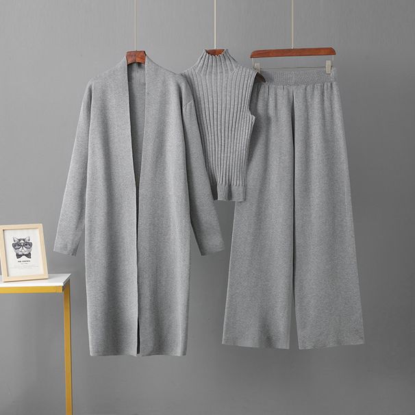 Women's Autumn Winter Knitted Three Piece Set Sleeveless Vest Sweater Cardigan And Pants Lazy Temperament New_ecoleips.com