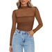 Sheer Mesh Long Sleeve Top For Women, Semi-Turtle Neck Y2K Aesthetic Stretchable Daily Basic T-Shirt_ecoleips.com
